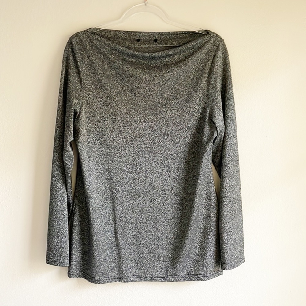 Gray metallic boat neck long sleeve top